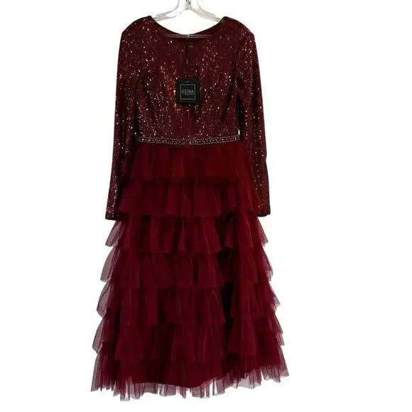Mac Duggal 26299 Long Sleeve Ruffle Tiered Midi Dress Wine Red size 4